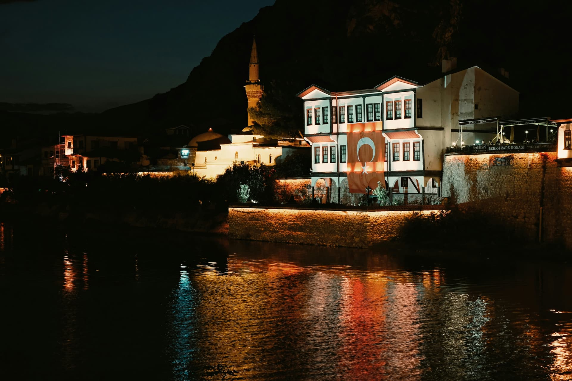 amasya yesilirmak river and yali boyu houses night view